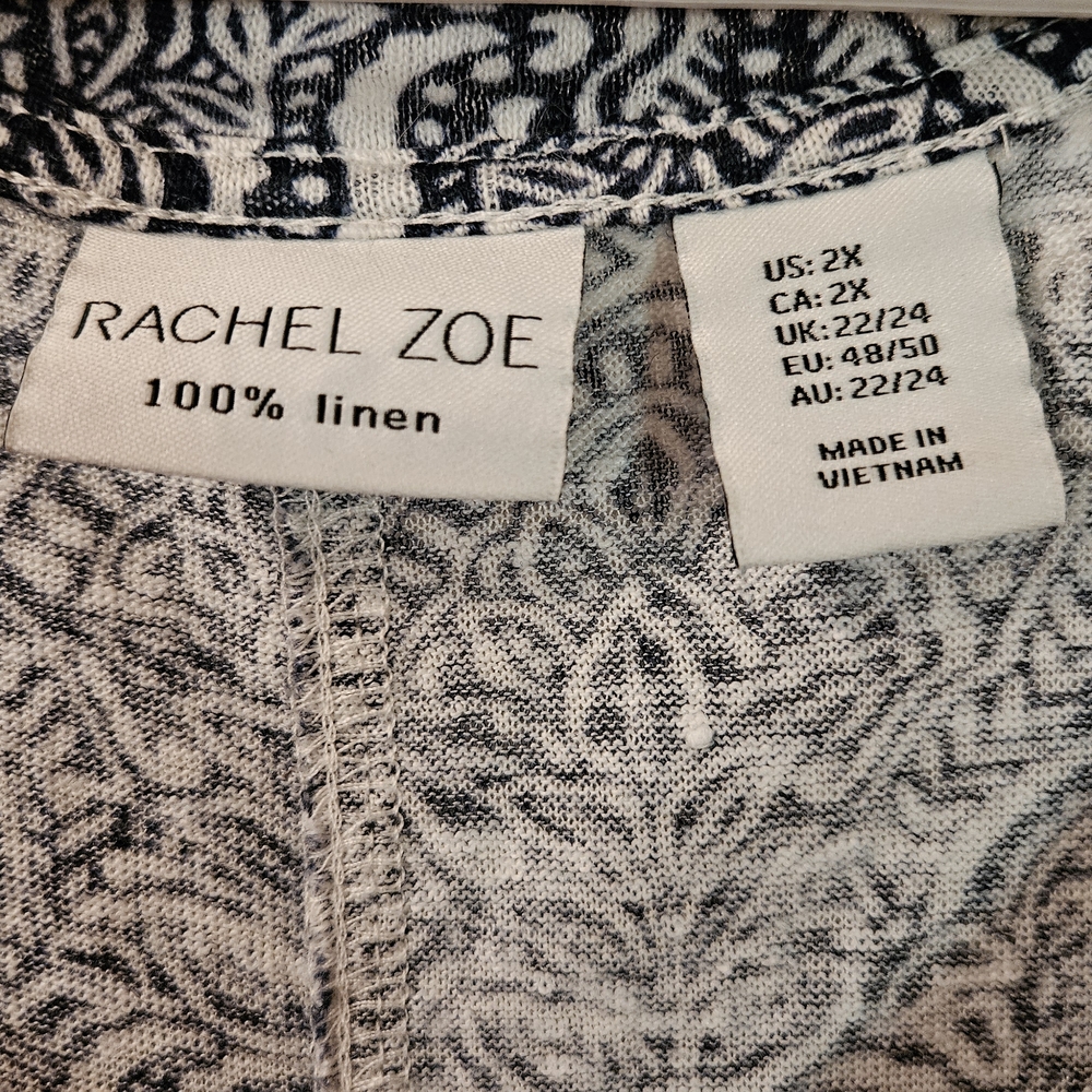 Rachel Zoe 2X Blue and White Paisley 100% Linen V-Neck Tee NWOT - Picture 5 of 5